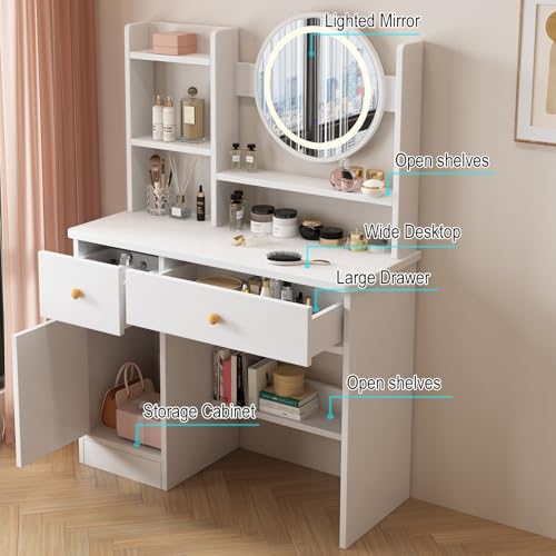 White Vanity Desk with Mirror and Lights, 3 Lighting Modes, Drawers, Open Storage Shelves N395271