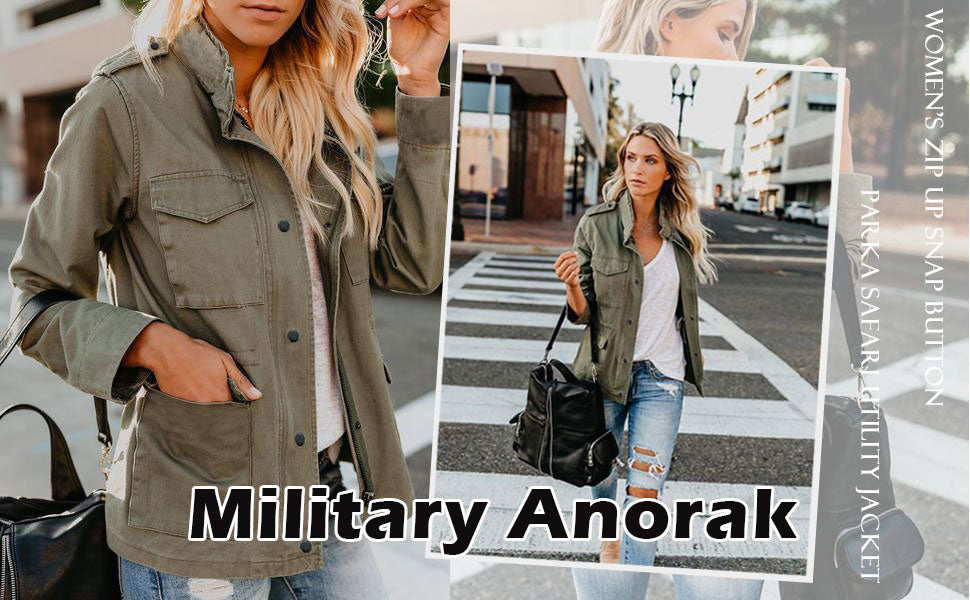 Women Military Utility Anorak Coat Zip Up Lightweight Jacket with Pockets B60077