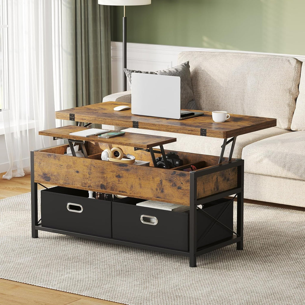 Lift Top Coffee Table with Storage, 4 in 1 Square Center Table with 2 Drawers and Hidden Compartment, Modern Dining Table for Living Room,Brown N4779