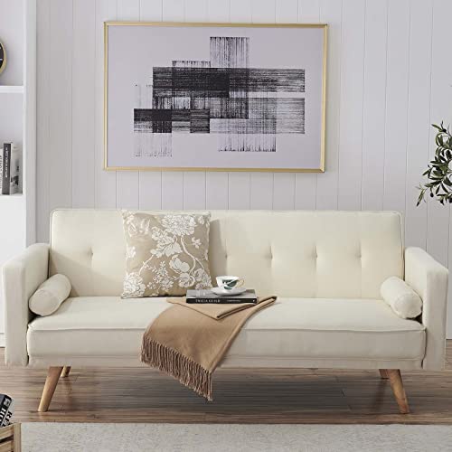 71" Convertible Futon Sofa Bed with 2 Throw Pillows, Beige Q4106
