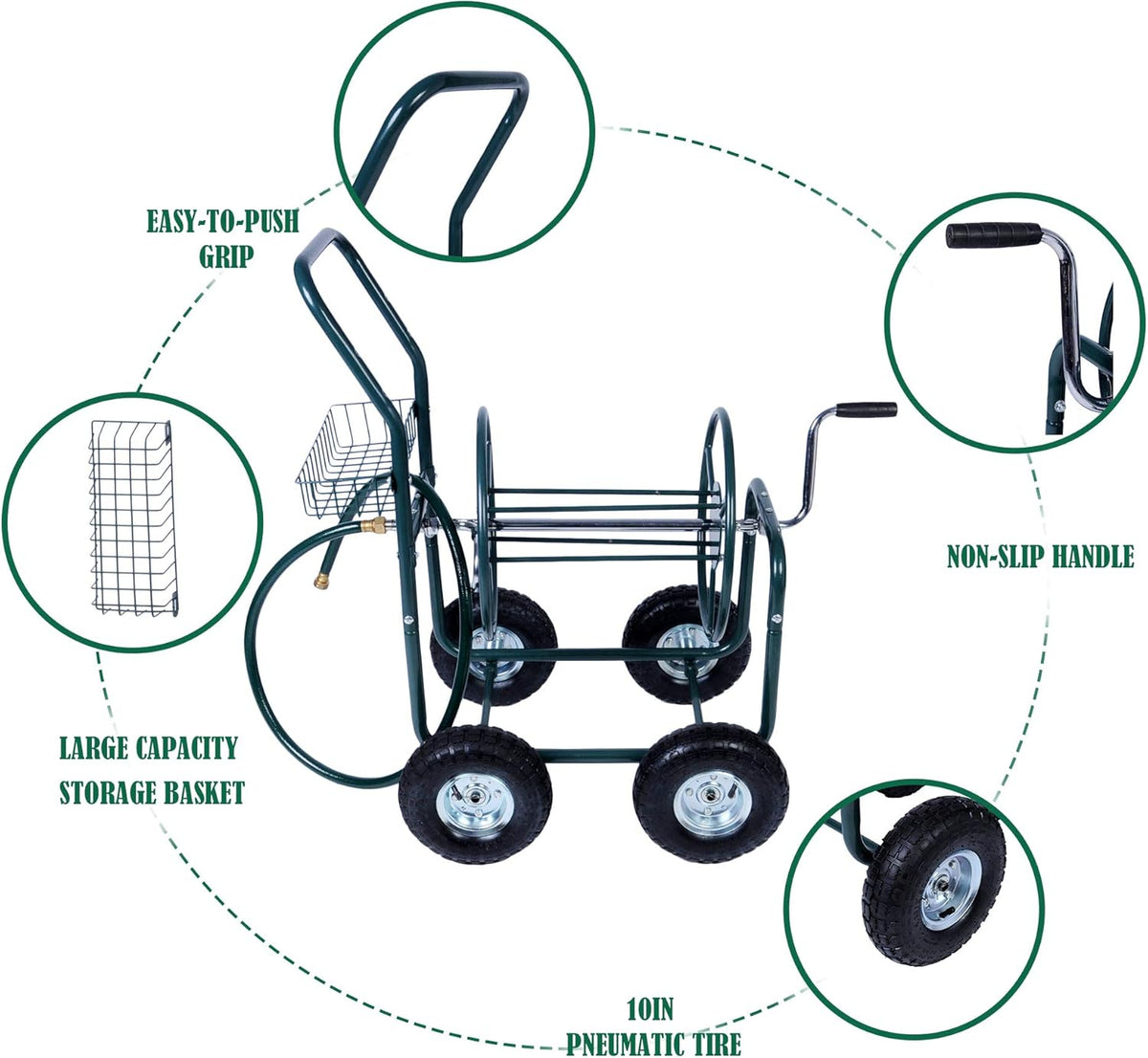 Garden Hose Reel Cart 4 Wheels with Storage Basket N9544