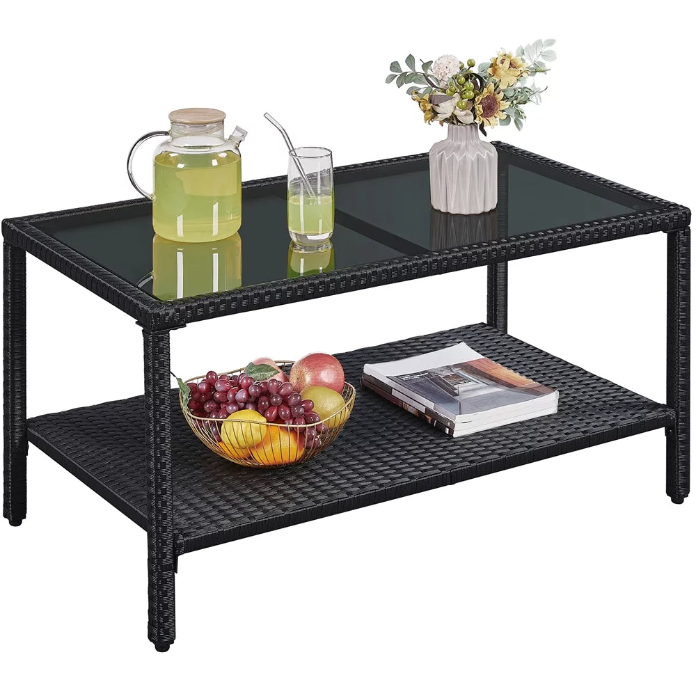 Wicker Rectangular Coffee Table with Tempered Glass Top S82529
