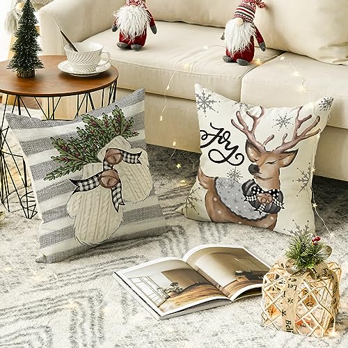 Christmas Snowman Reindeer Gloves Eucalyptus Red Throw Pillow Covers, 18 x 18 Inch Set of 4 R773408