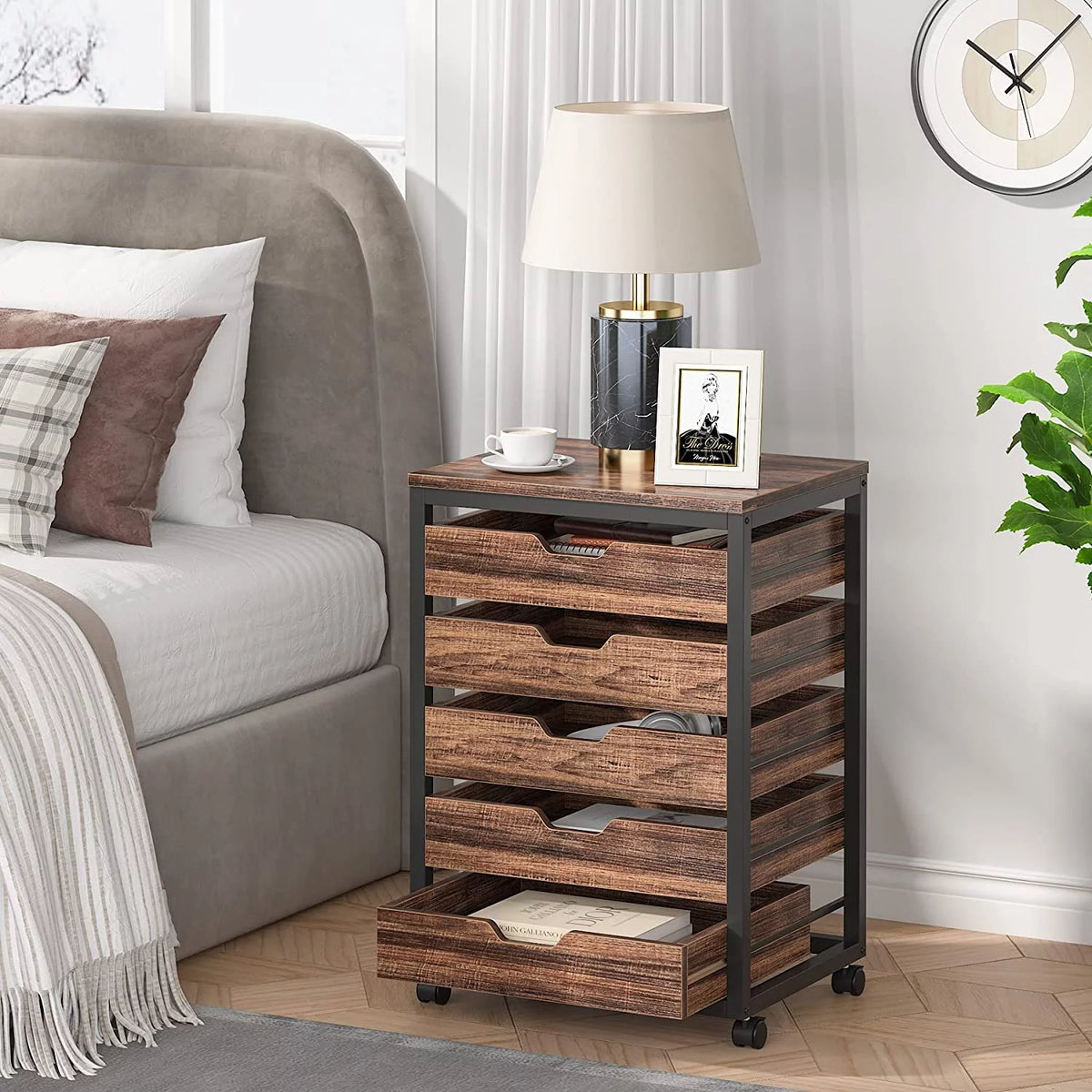 5 Drawer Wood Storage Dresser Cabinet with Wheels M94418