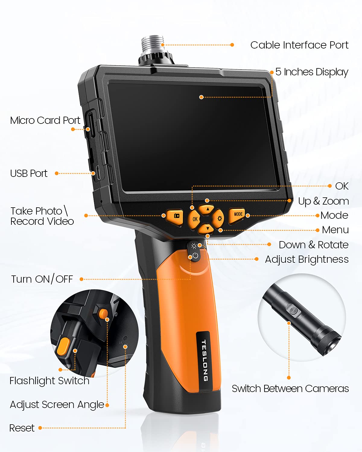 Dual Lens Inspection Camera with Light, 5 IPS Screen, 16.4ft Flexible Probe, 1080p M84265