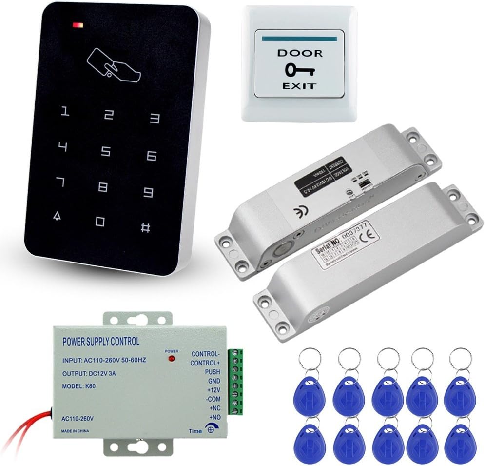 RFID Access Control Keypad 125KHz with DC12V Electric Lock, 3A Power Supply, Exit Button, 10pcs ID Key Cards U866464
