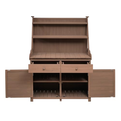 66" Wooden Potting Bench Table with 2 Drawers, Cabinet and Open Shelves Y441638