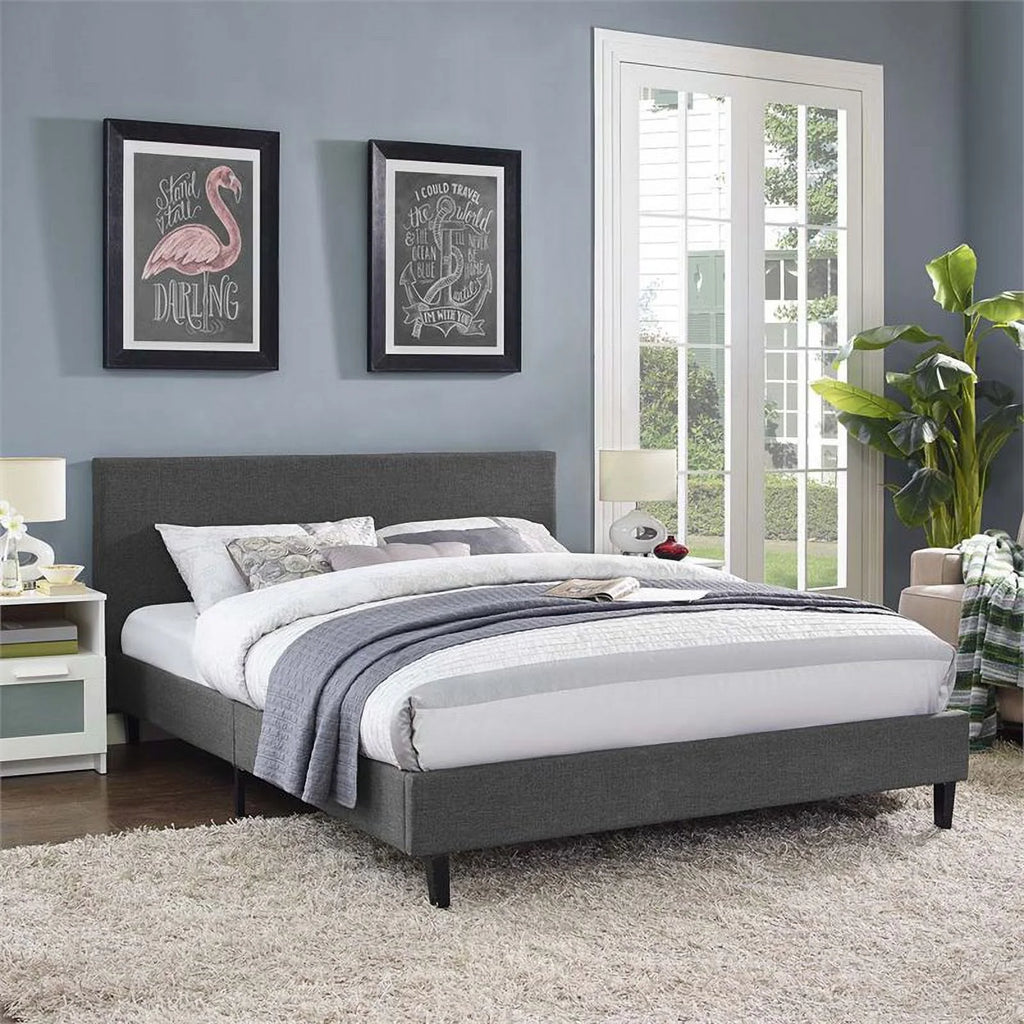 Light Gray Queen Upholstered Platform Bed with Wood Slat Support T65292