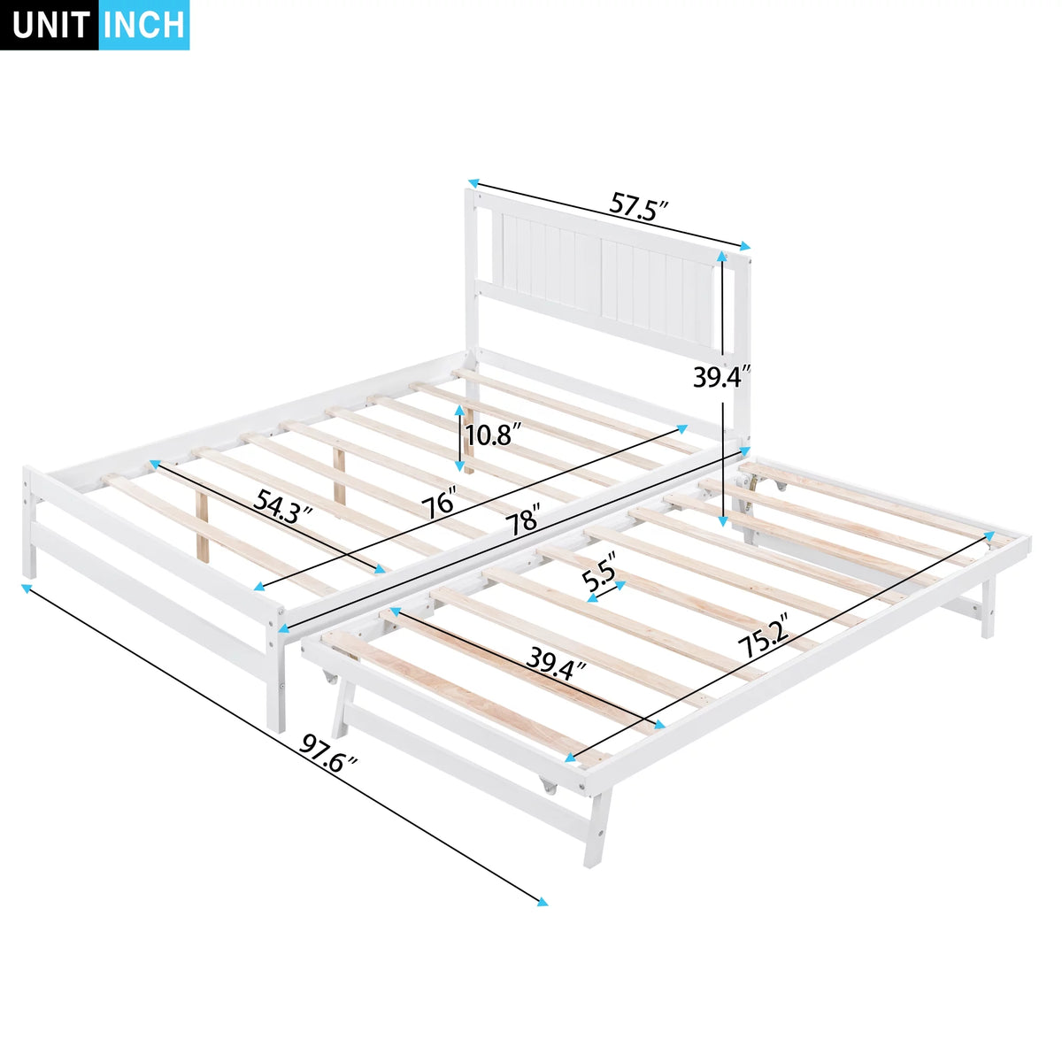White Full Size Wood Platform Bed with Adjustable Trundle and Headboard A143