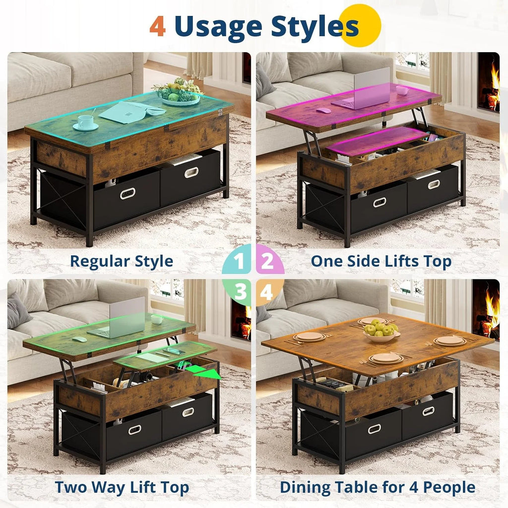 Lift Top Coffee Table with Storage, 4 in 1 Square Center Table with 2 Drawers and Hidden Compartment, Modern Dining Table for Living Room,Brown N4779