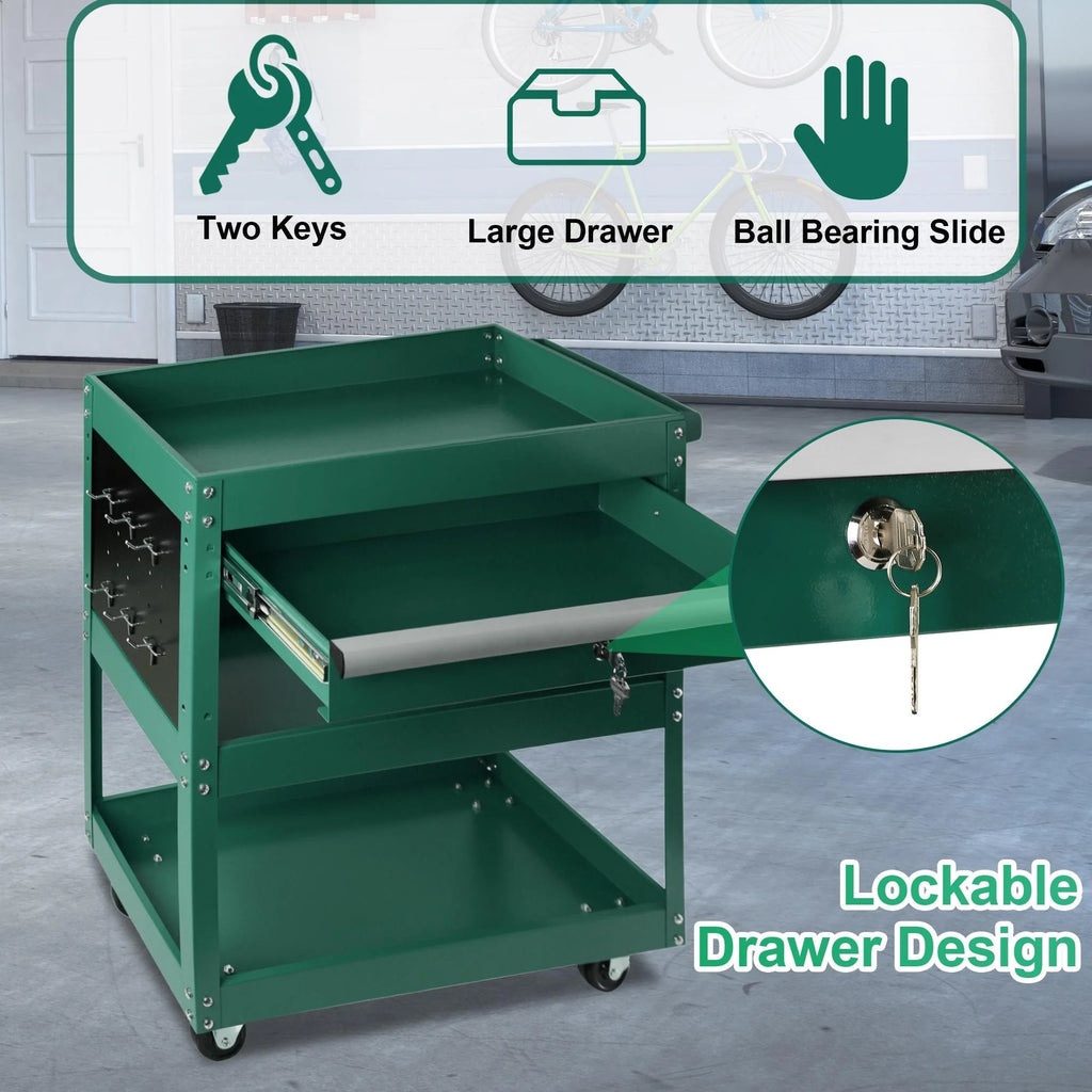 Rolling Tool Cart with Drawer, 3 Tray, 6 Side Hooks B46092