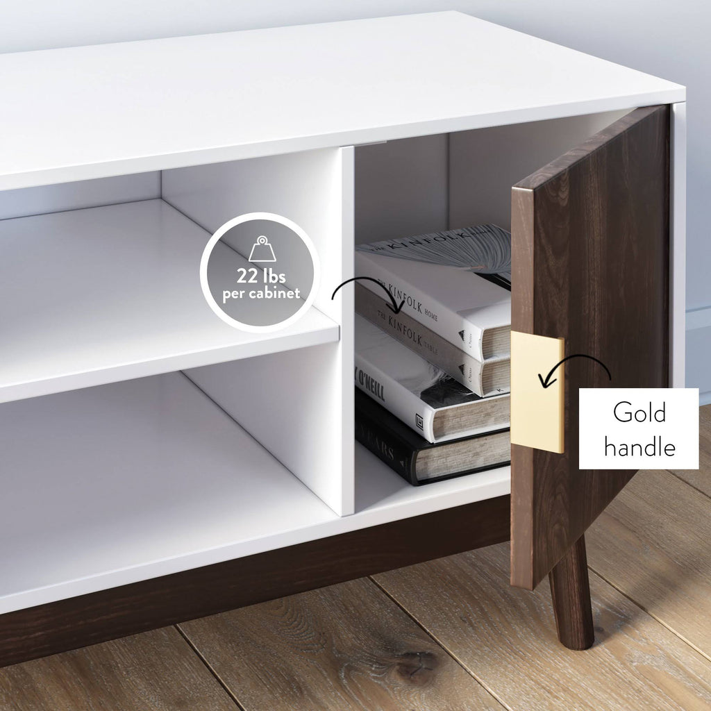 Brown Scandinavian TV Stand with White Cabinet Doors Y546