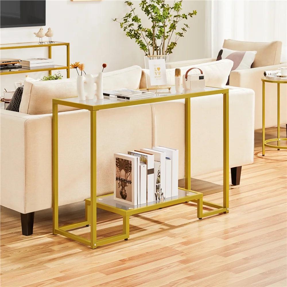 Gold Tempered Glass Console Table with Metal Frame V909252