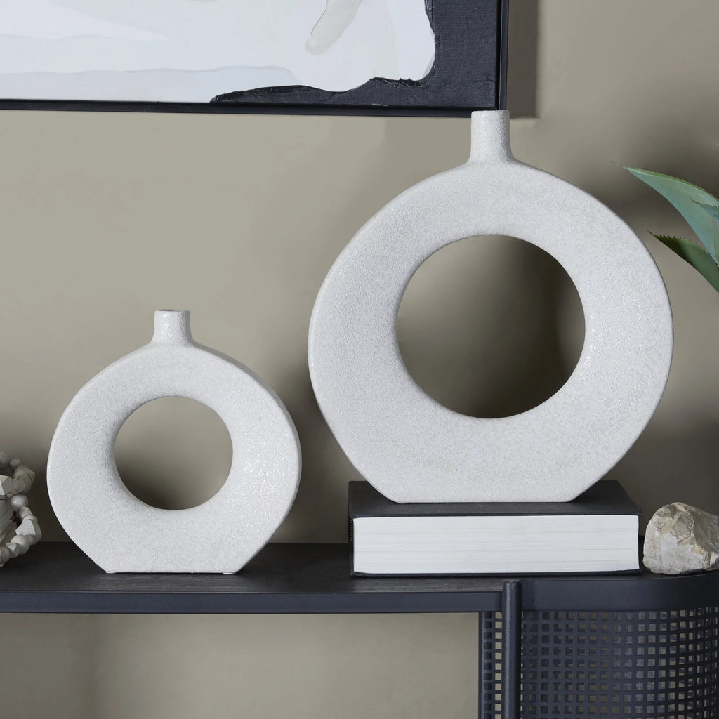 White Ceramic Donut Shaped Vase Set of 2 I25069