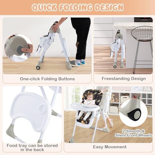 Light Gray Foldable Baby High Chair with Wheels G12052