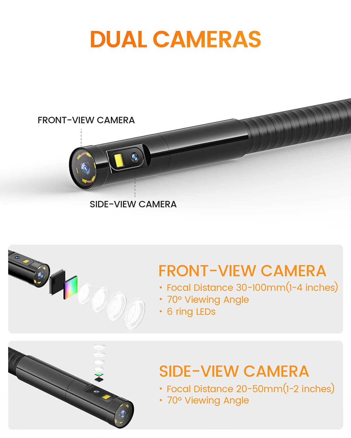 Dual Lens Inspection Camera with Light, 5 IPS Screen, 16.4ft Flexible Probe, 1080p M84265