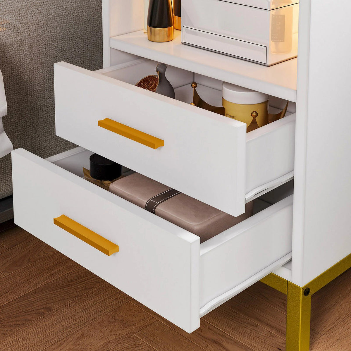White Wooden Night Stand with Charging Station and Drawers G14334