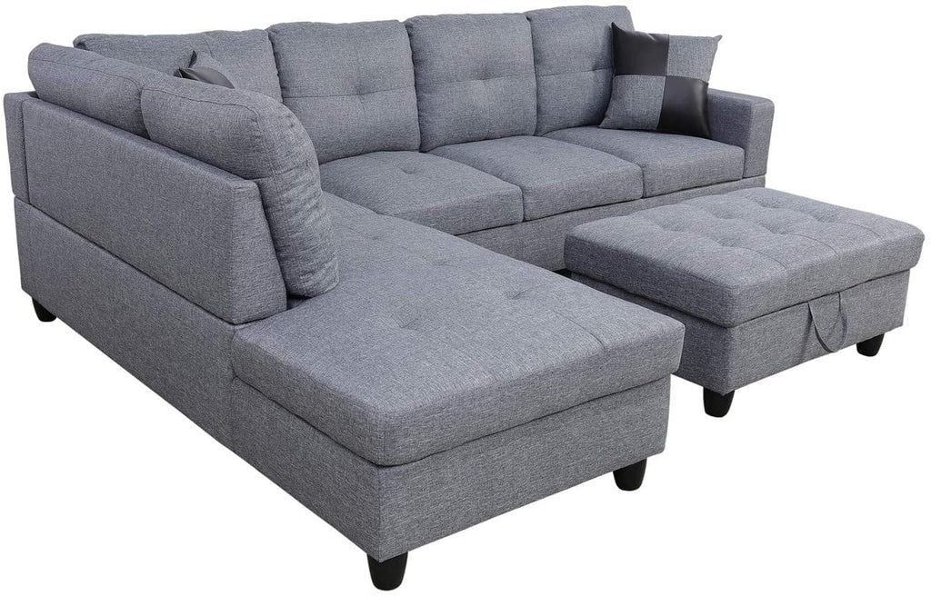 3 PCS L-Shaped Sectional Couch Sofa Set Linen Fabric with Storage Ottoman T14543