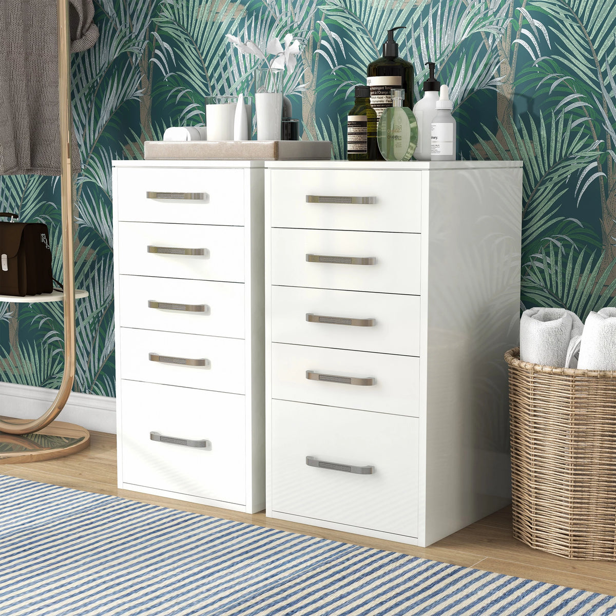 White 5-Drawer Wood Vanity Dresser Set of 2 D5833
