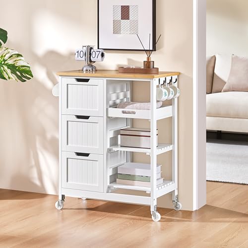 White Kitchen Island Cart on Wheels with Bamboo Countertop C757420