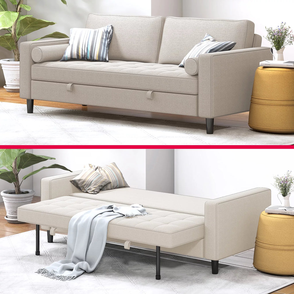 83" Convertible Sleeper Sofa Bed Linen Fabric Beige B2974