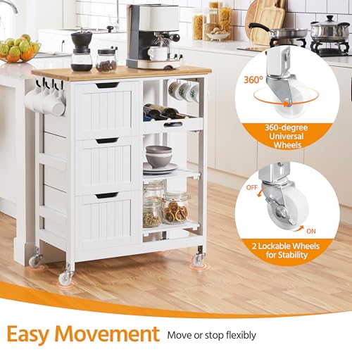 White Kitchen Island Cart on Wheels with Bamboo Countertop C757420