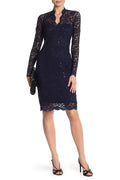 Navy Scalloped Sequined Lace Sheath Dress H269