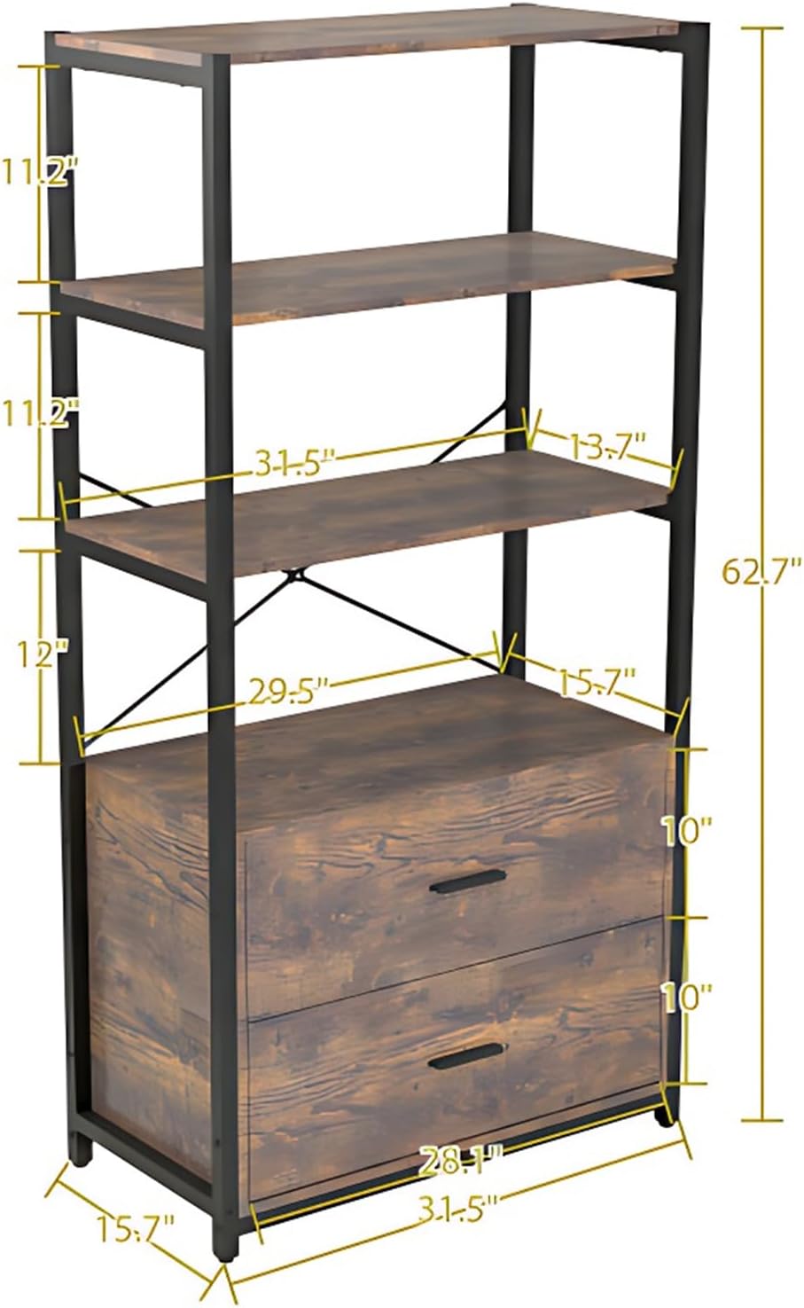 Tall Bookshelf with File Cabinet Drawers, Standing Shelf Units with Storage, Wooden Bookshelves, Vintage Brown L360082