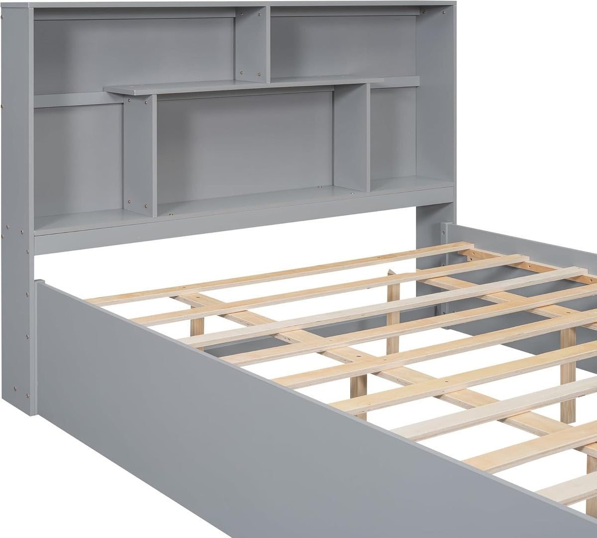 Gray Queen Size Wooden Platform Bedframe with Bookcase Headboard and 2 Storage Drawers T261074