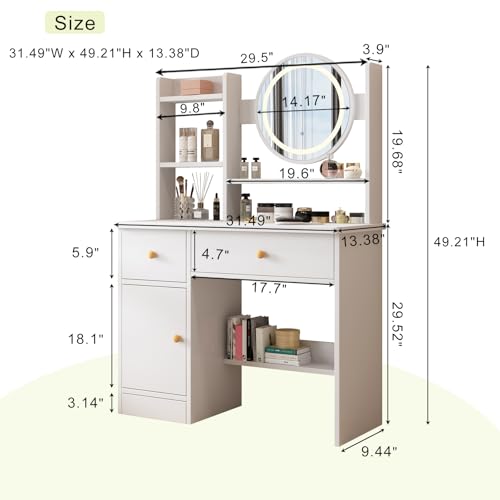 White Vanity Desk with Mirror and Lights, 3 Lighting Modes, Drawers, Open Storage Shelves N395271
