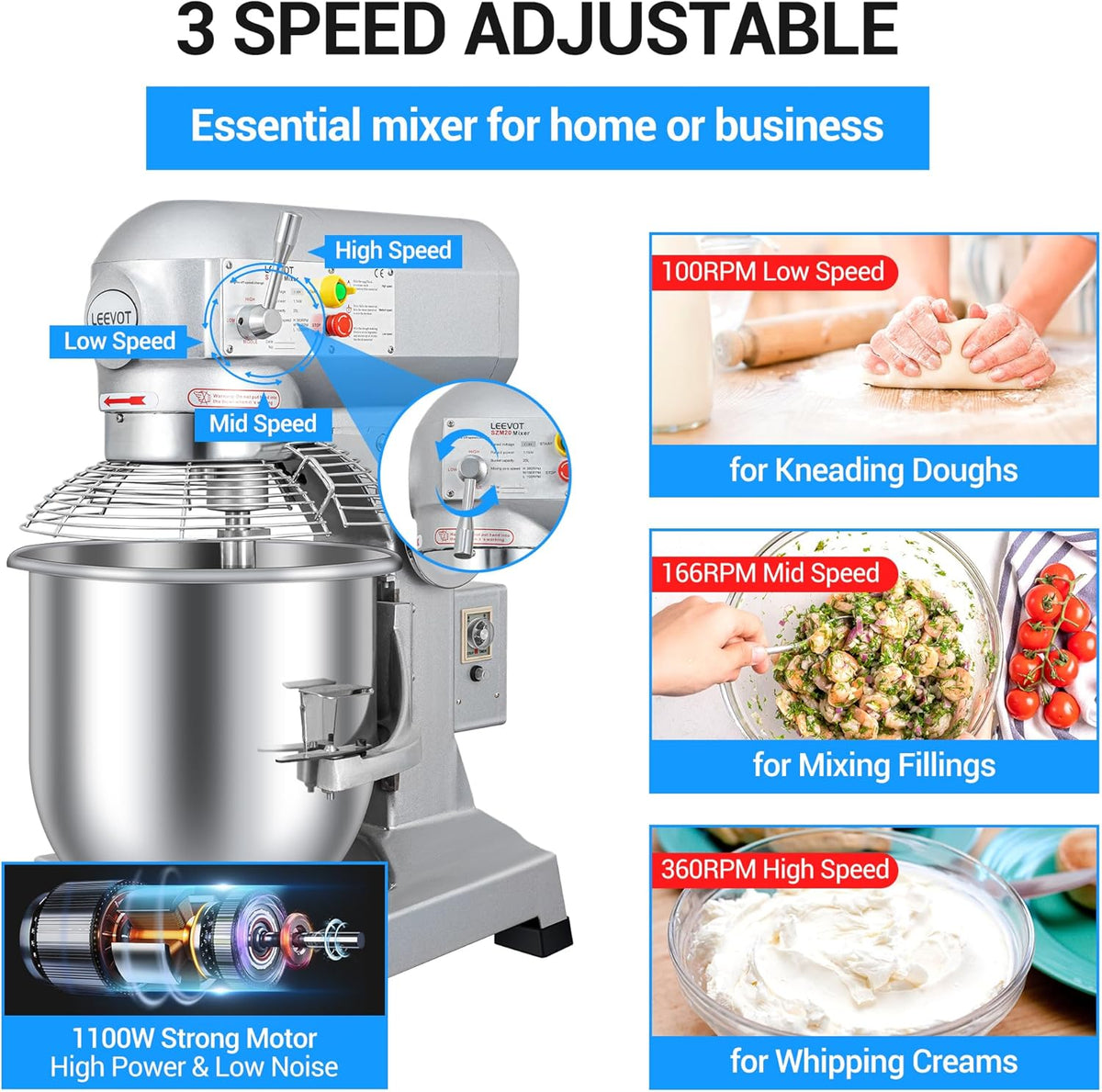 20Qt 1100W Commercial Stand Mixer with Stainless Steel Bowl O7822