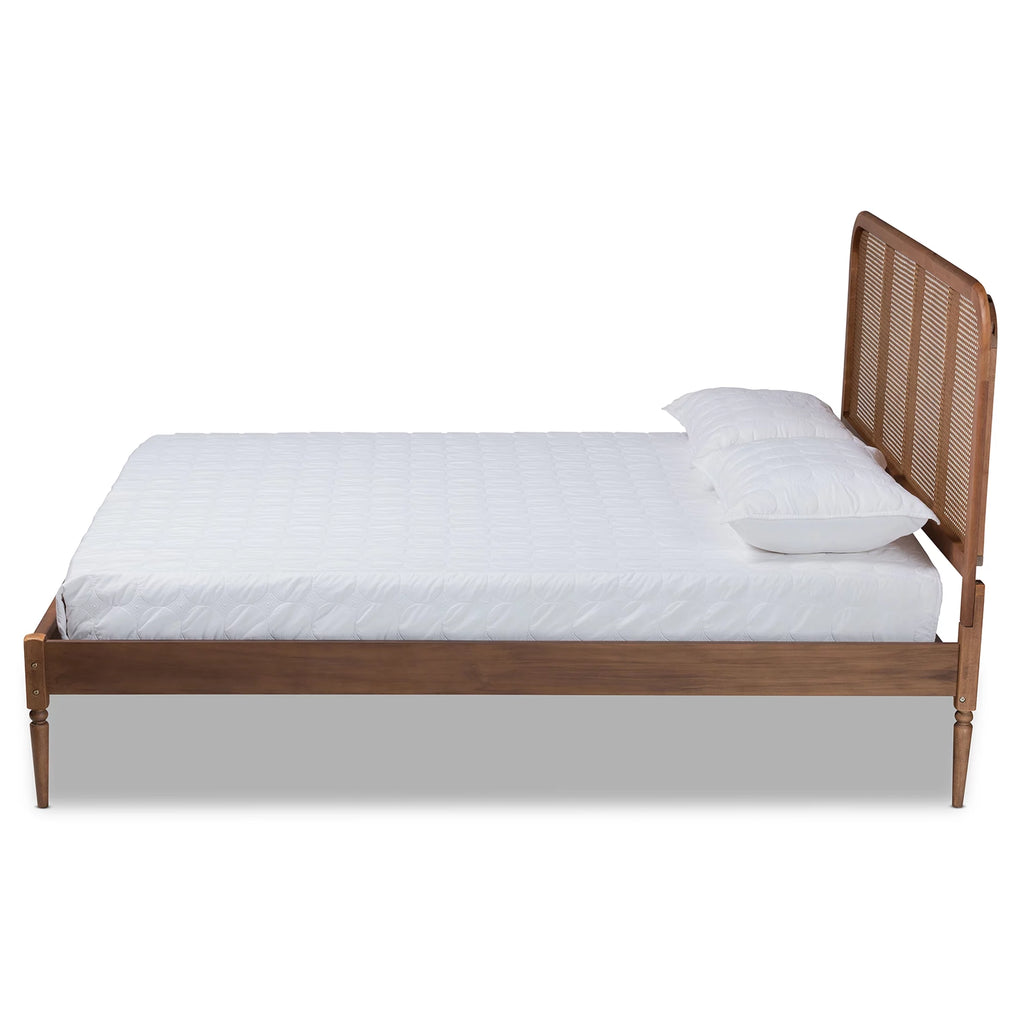 Walnut Brown Wood and Synthetic Rattan Queen Size Platform Bed D877