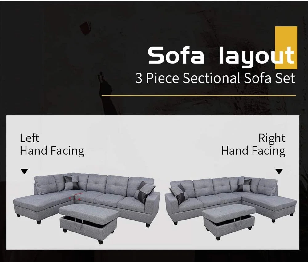 3 PCS L-Shaped Sectional Couch Sofa Set Linen Fabric with Storage Ottoman T14543