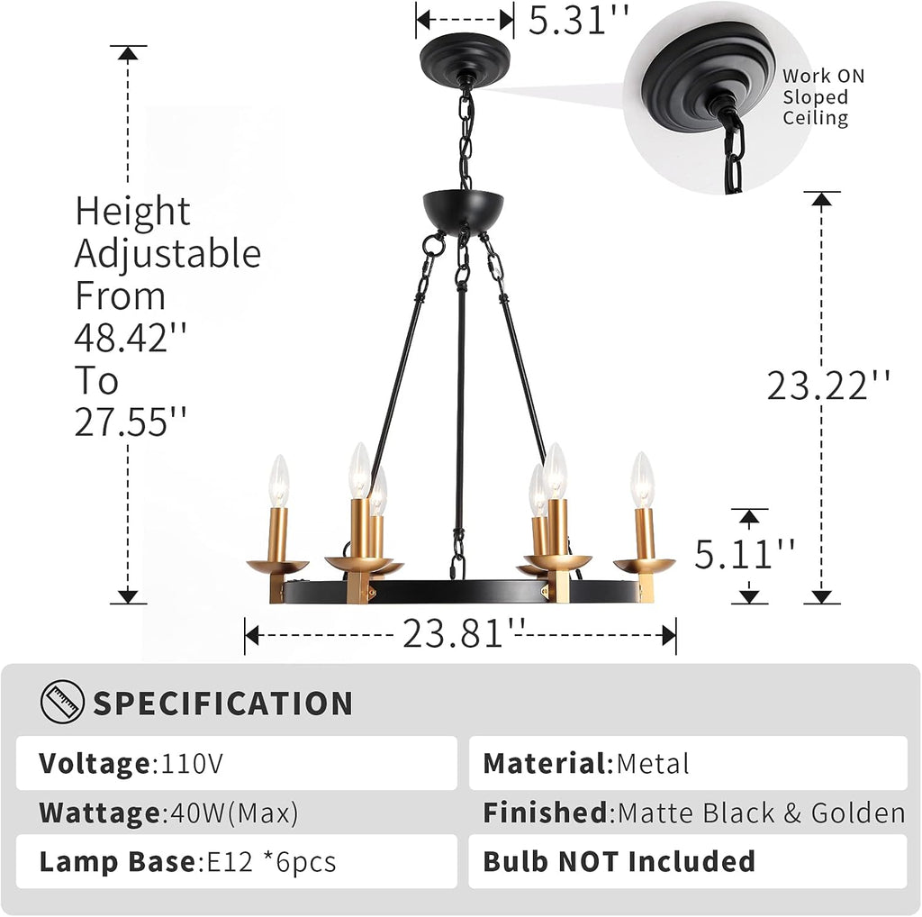 Black 6-Lights Round Wagon Wheel Chandelier L474771