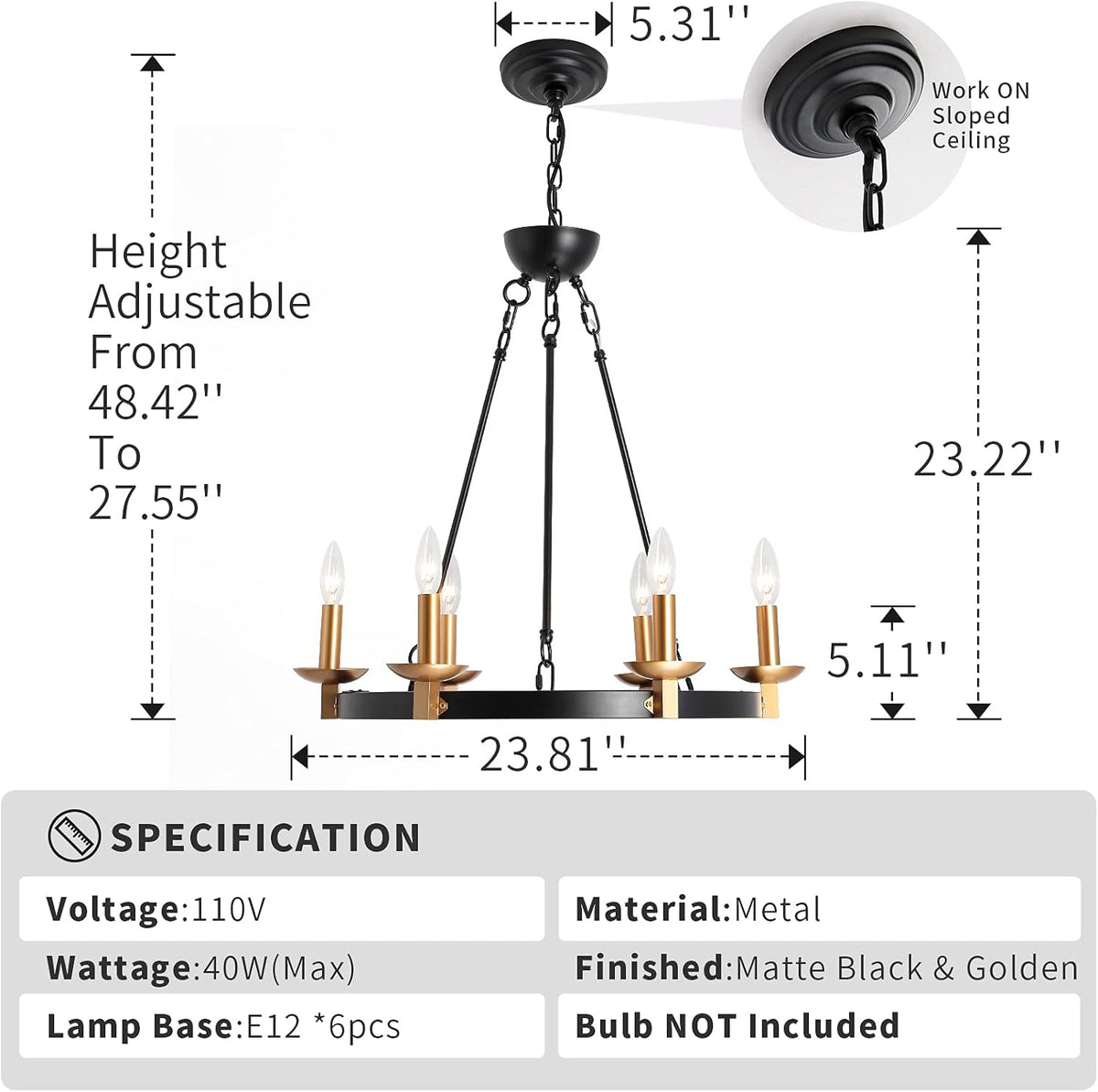 Black 6-Lights Round Wagon Wheel Chandelier L474771