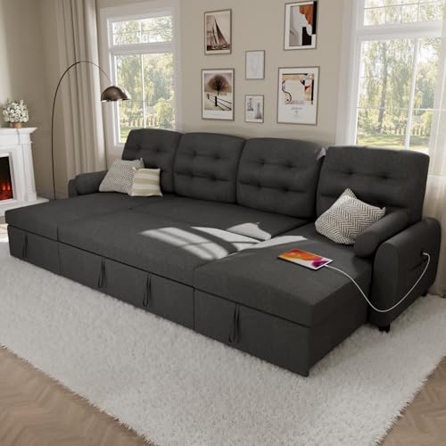 Dark Grey Linen Sectional Sleeper Sofa with Storage Chaise V348111