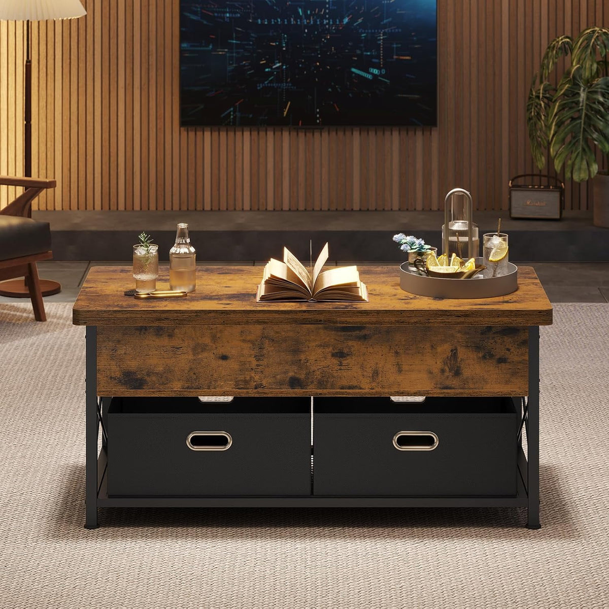 Lift Top Coffee Table with Storage, 4 in 1 Square Center Table with 2 Drawers and Hidden Compartment, Modern Dining Table for Living Room,Brown N4779