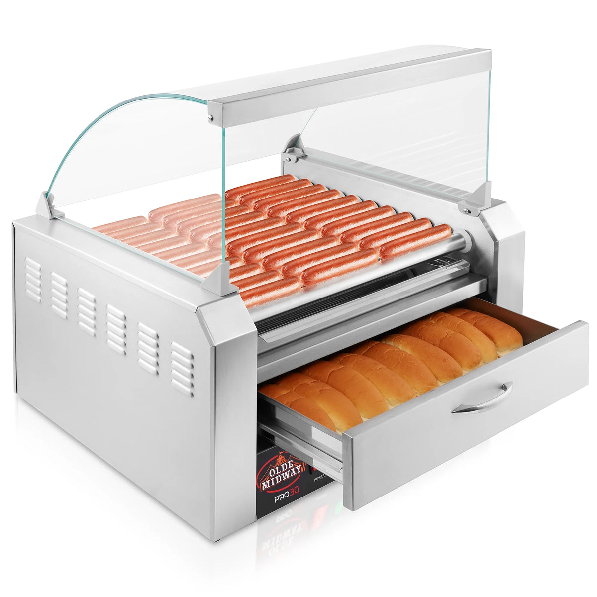 Electric Hot Dog Roller Machine with Cover, 11 Rollers, Bun Warming Drawer C829