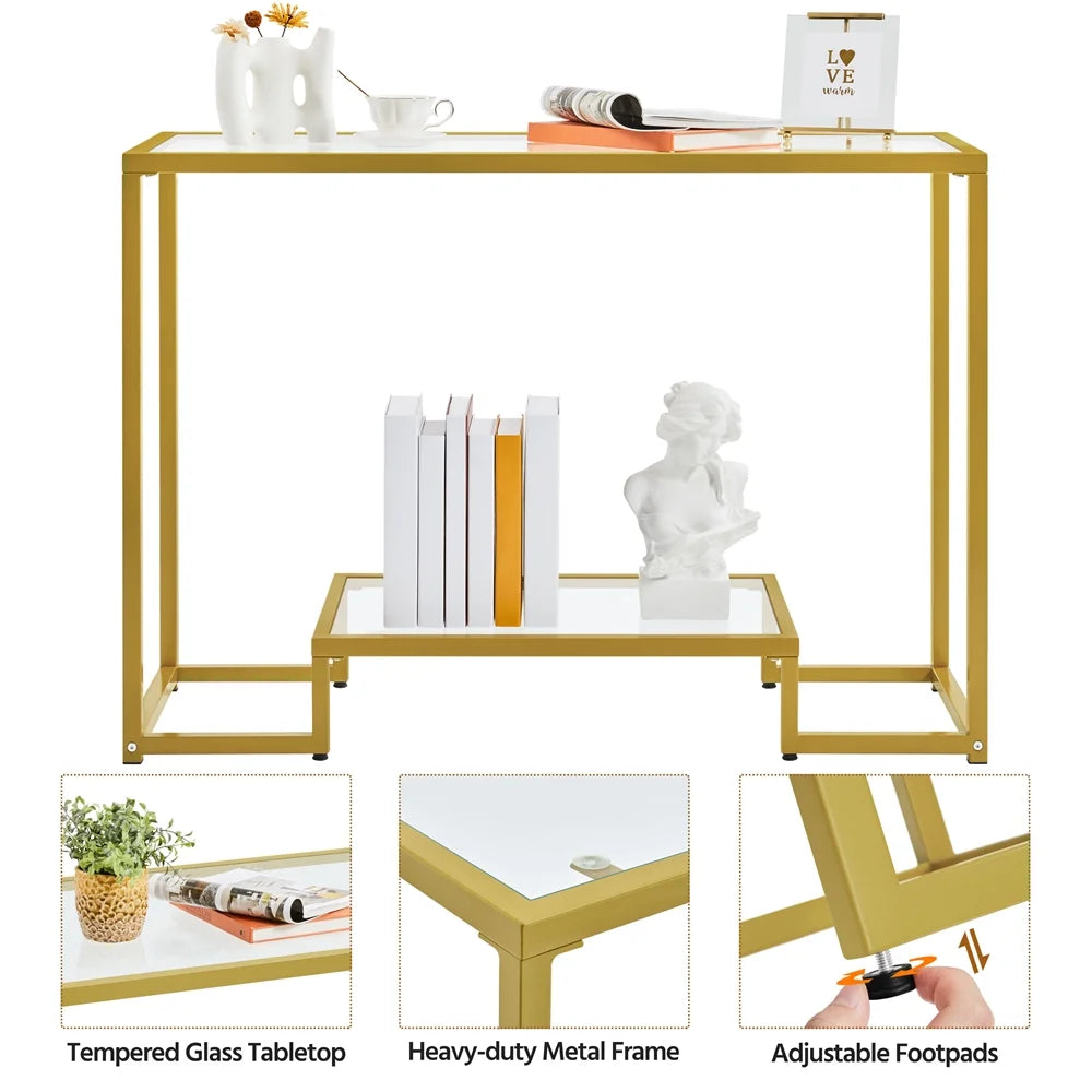 Gold Tempered Glass Console Table with Metal Frame V909252