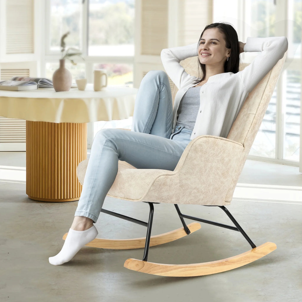 Polyester Fabric Rocking Chair with Wooden Base and Armrests White Z81992