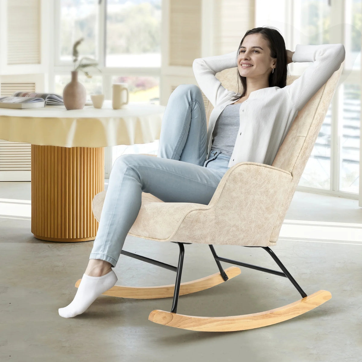 Polyester Fabric Rocking Chair with Wooden Base and Armrests White Z81992