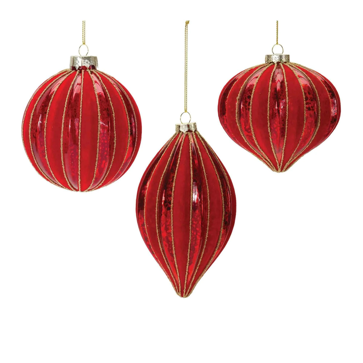 Set of 6 Red Ribbed Mercury Glass Christmas Ornaments Z4522