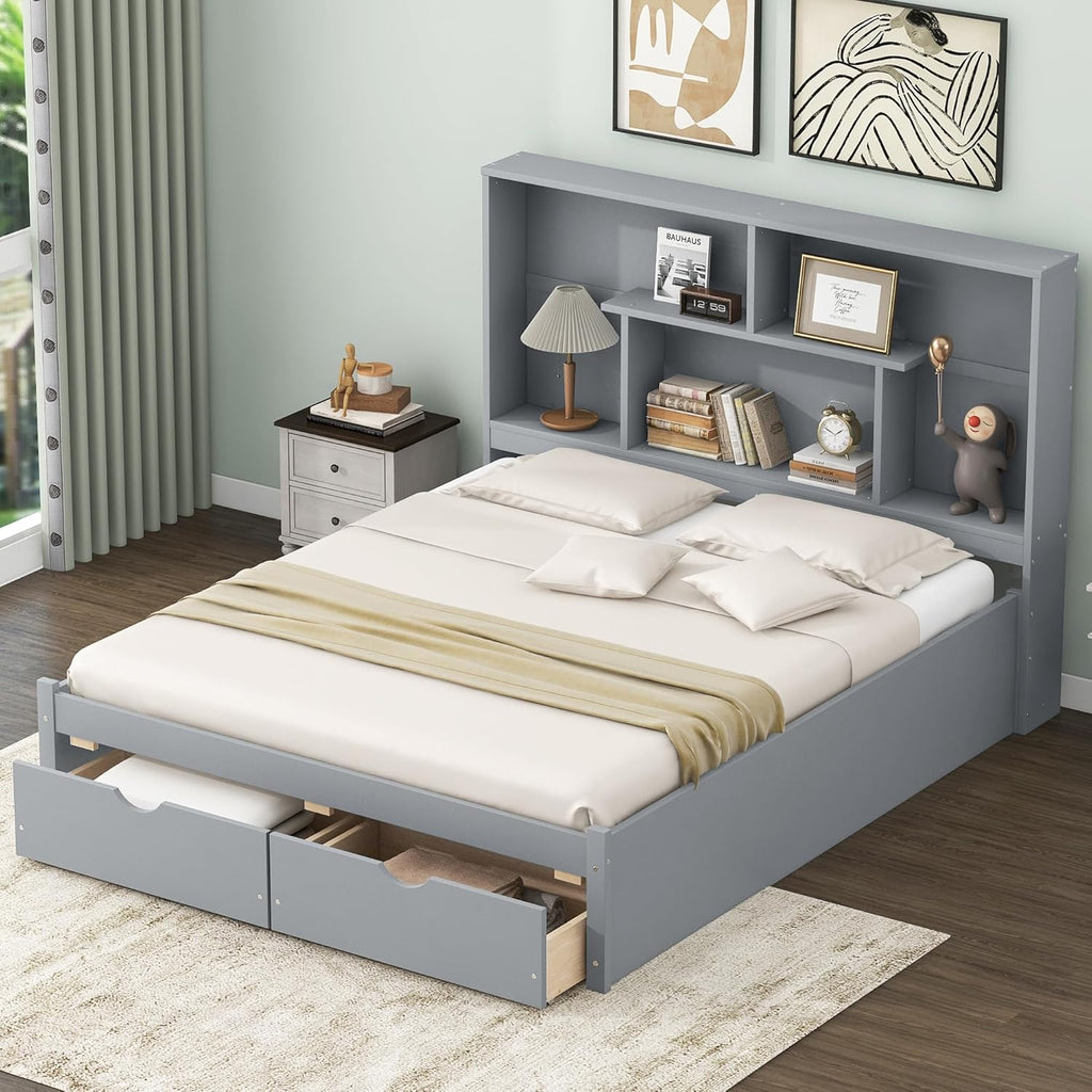 Gray Queen Size Wooden Platform Bedframe with Bookcase Headboard and 2 Storage Drawers T261074