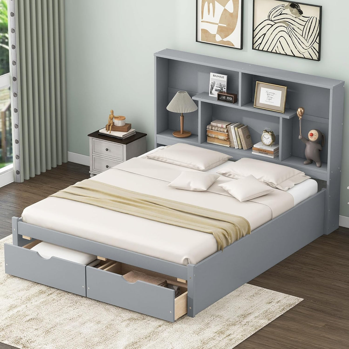 Gray Queen Size Wooden Platform Bedframe with Bookcase Headboard and 2 Storage Drawers T261074