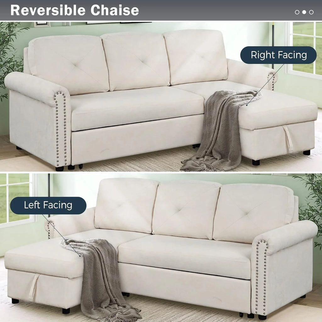 Beige L-Shape Convertible Sleeper Sofa Bed with Storage Chaise S293759
