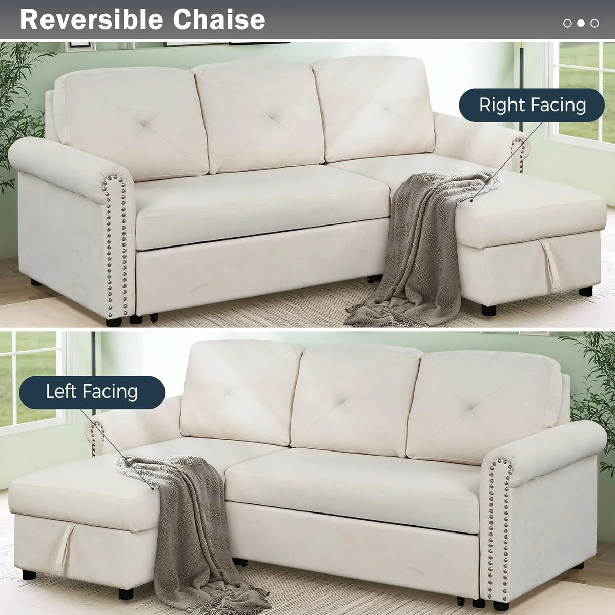 Beige L-Shape Convertible Sleeper Sofa Bed with Storage Chaise S293759