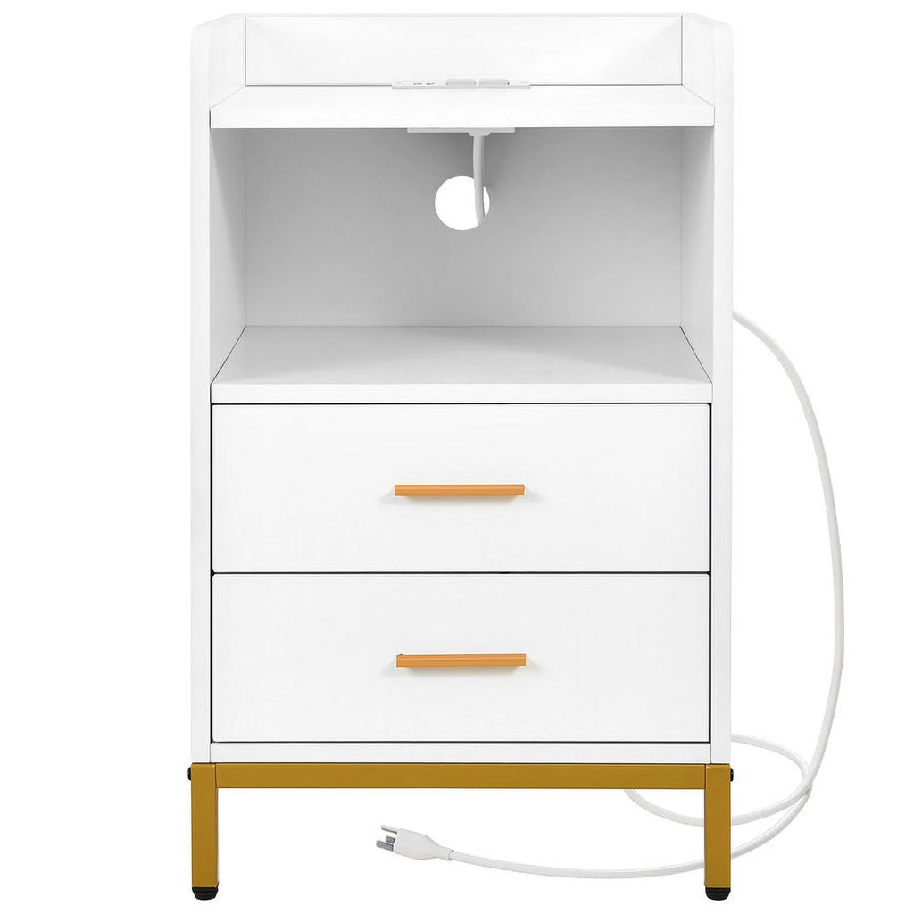 White Wooden Night Stand with Charging Station and Drawers G14334
