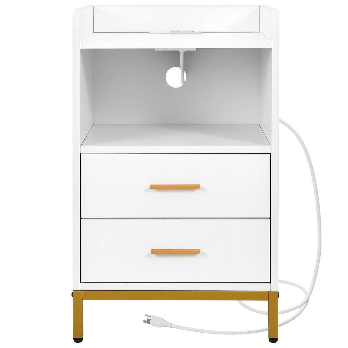 White Wooden Night Stand with Charging Station and Drawers G14334