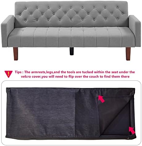 Blue Tufted Linen Futon Sofa Bed Twin Size with Solid Wood Legs S6322