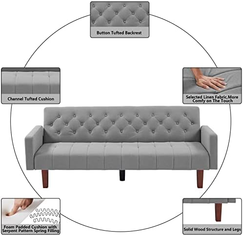 Blue Tufted Linen Futon Sofa Bed Twin Size with Solid Wood Legs S6322